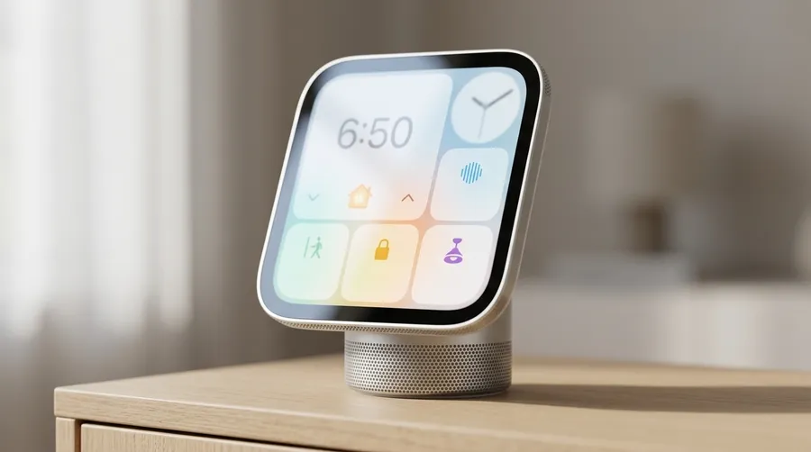 Render of the tabletop Apple HomeView close up on its speaker base