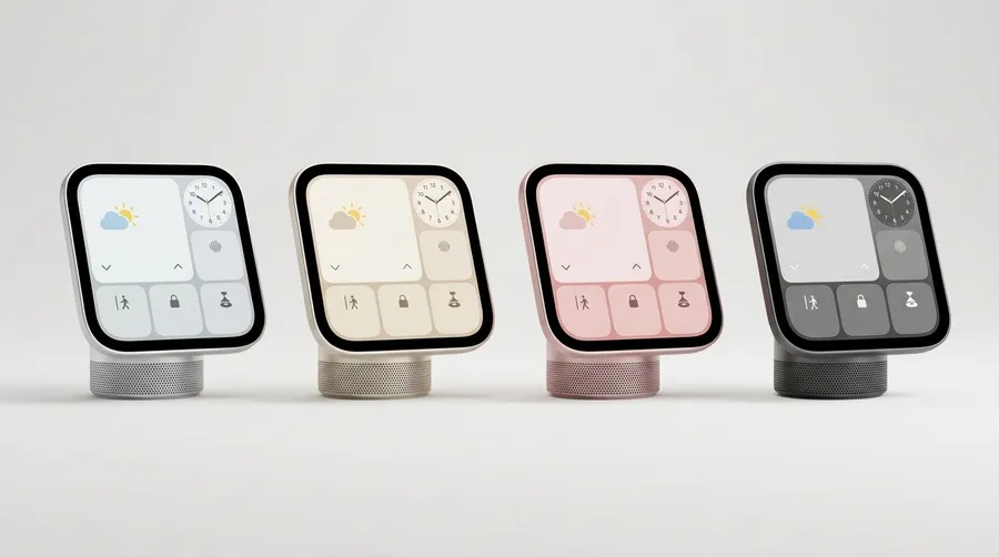 Render of four Apple HomeView units in silver, starlight, rose pink and space gray