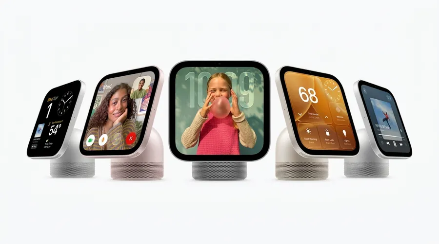 Apple HomeView units showing clock, photo, weather and music faces
