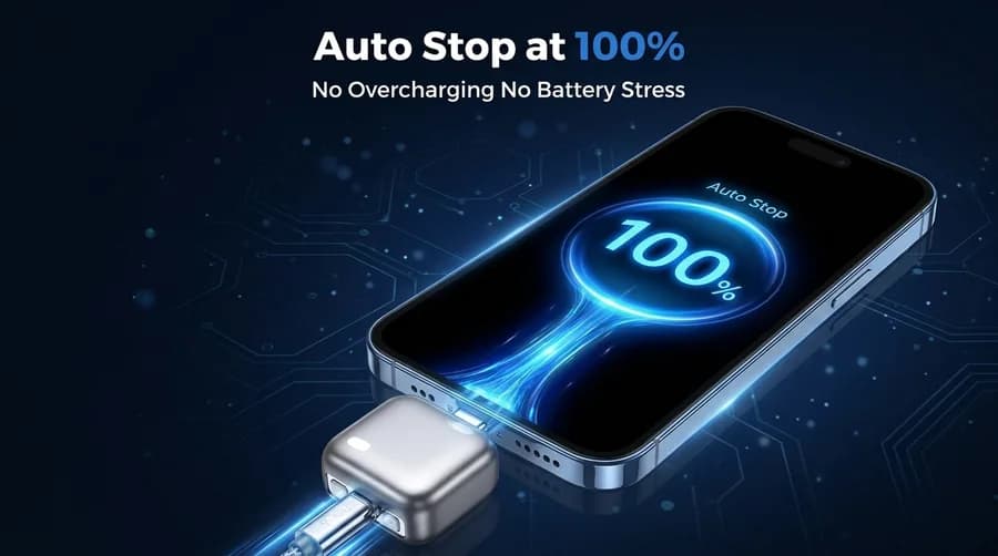 A phone showing Auto Stop and 100% on its screen with the charging adapter plugged into its bottom port
