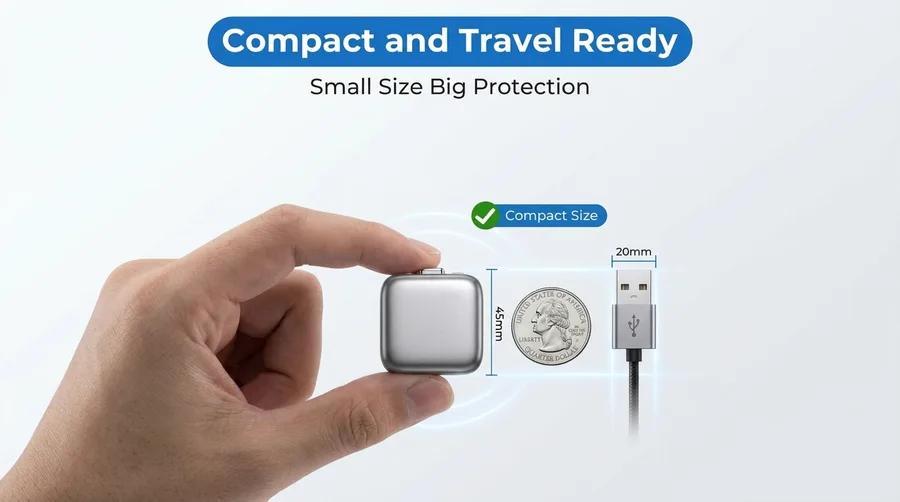 The charging adapter held between a thumb and a finger beside a coin, with a USB plug illustrated to the right