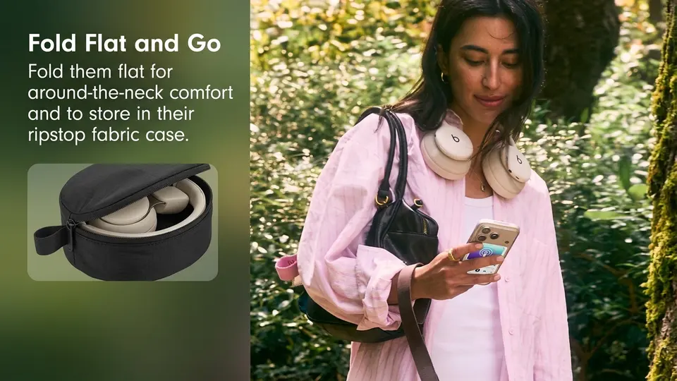 Beats 360 headphones folded flat next to their woven ripstop carrying case