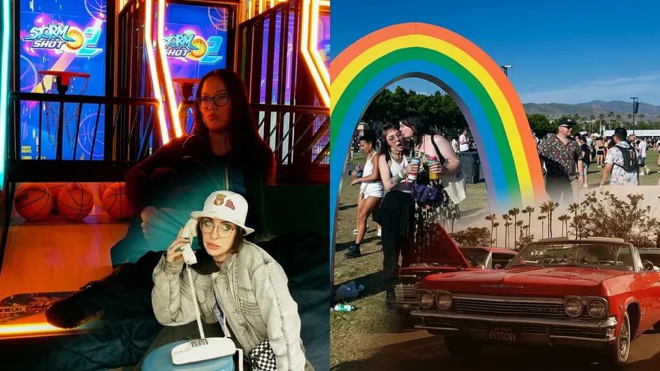 Sample photos from the Camp Snap 110D — arcade lights at night and friends at a festival