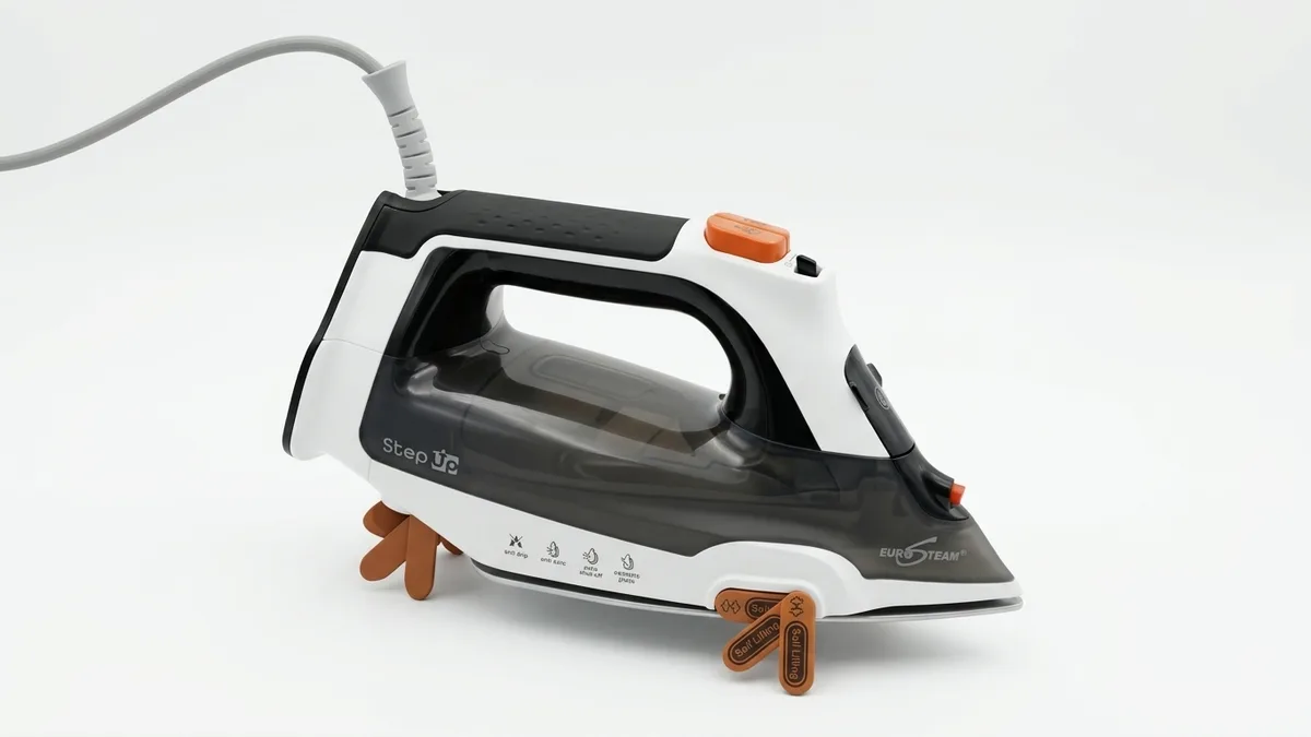 Eurosteam Step Up self-lifting steam iron standing on its own lift legs in a studio shot