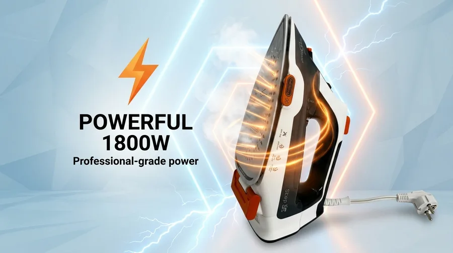 Steam iron angled upward on a light background with a lightning bolt graphic and a cord and plug beside it