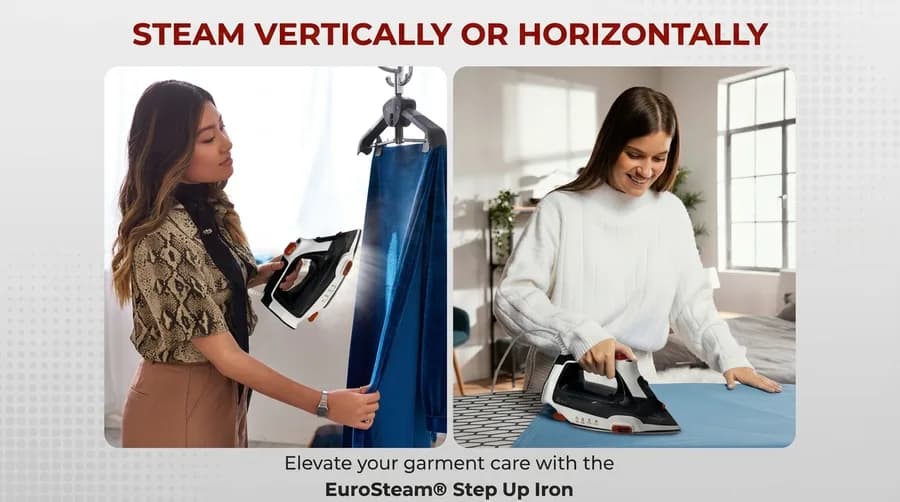 Two photos showing a person steaming a hanging garment upright and another person ironing flat on a board