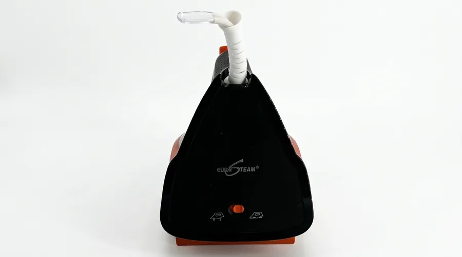 Rear view of the steam iron showing its water tank, the cord entering the top and two control buttons on the back