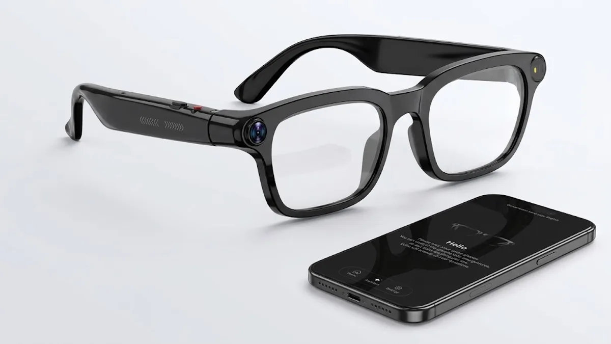 Black-framed smart glasses with a round lens on the frame, shown next to a phone displaying an app screen