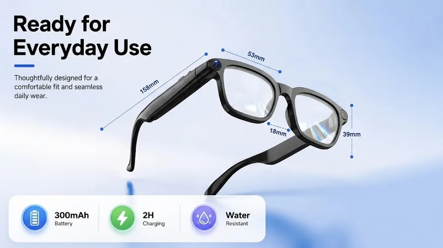 Smart glasses shown with measurement markers and three feature icons on a light background