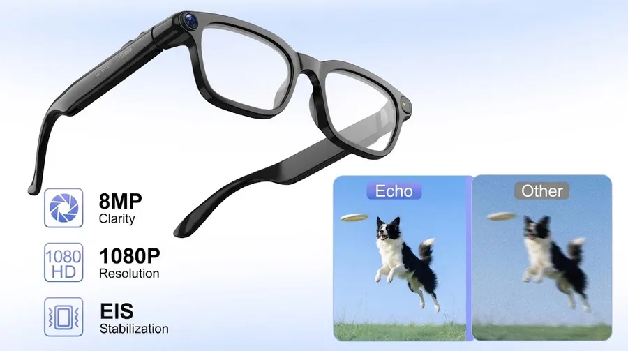 Smart glasses shown with three feature icons next to two photos of a jumping dog