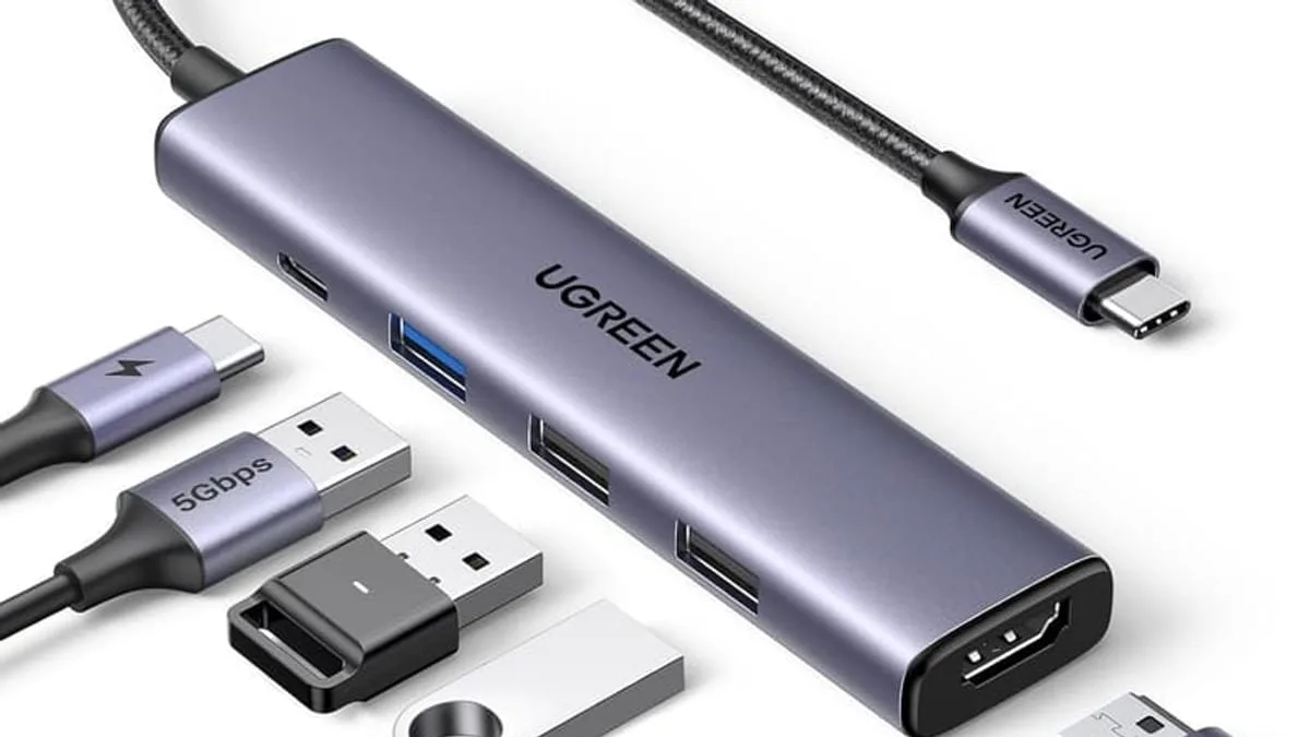 USB C hub connecting laptop to HDMI monitor