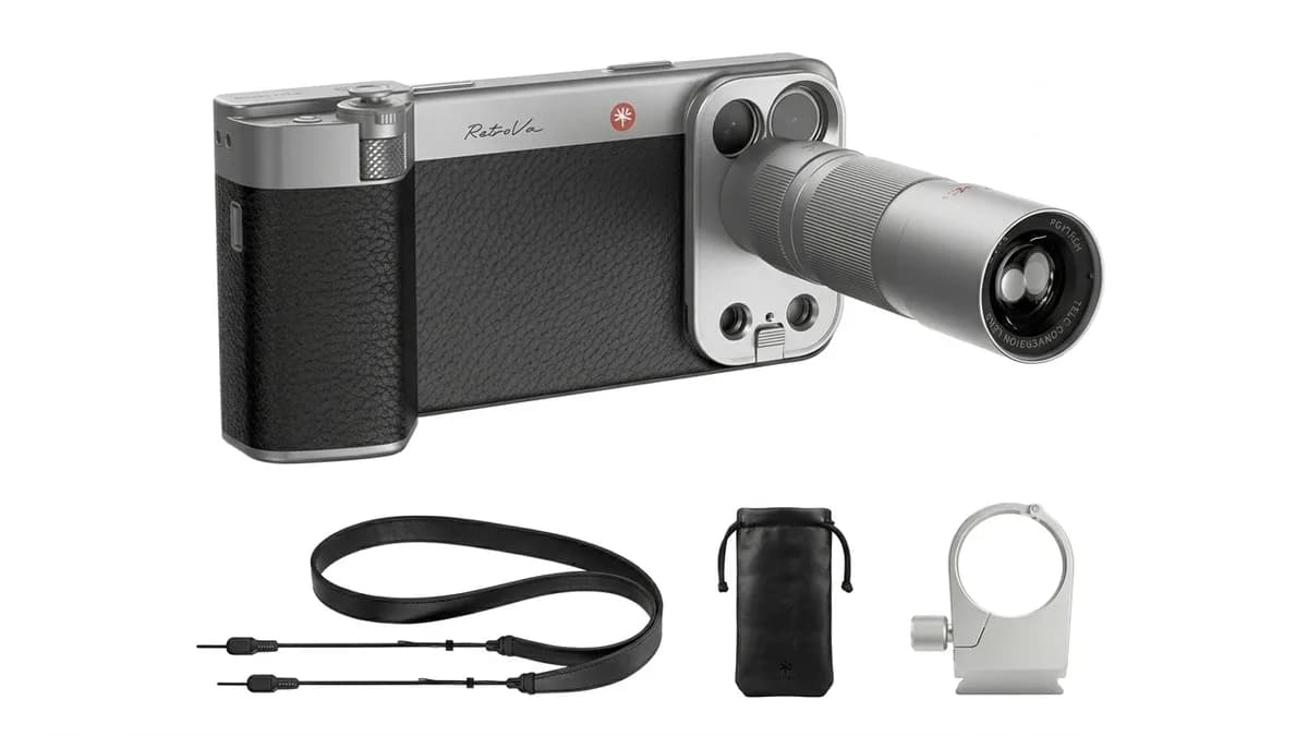 PGYTECH RetroVa all-in-one photography grip kit laid out on a white background with the phone case, textured grip, telephoto lens, strap, pouch and tripod mount