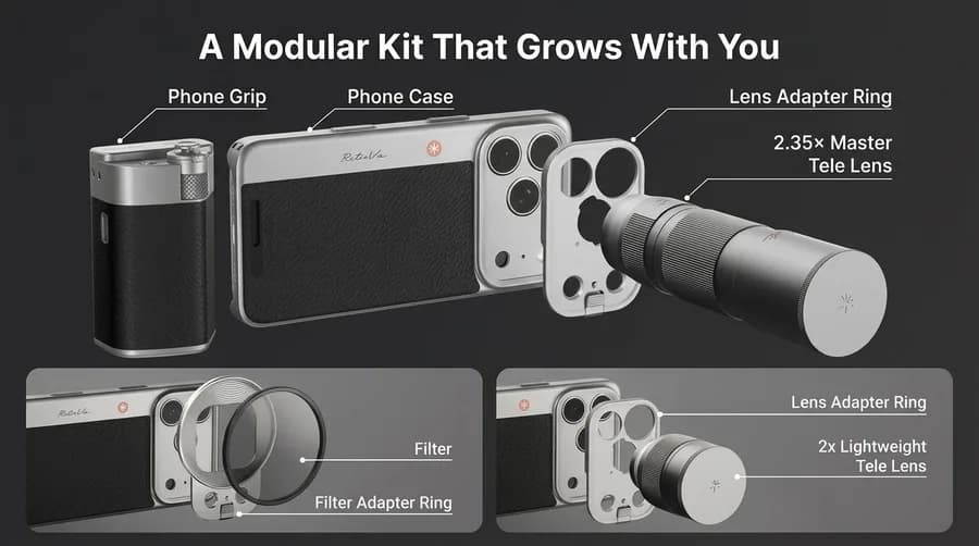 Exploded diagram of the PGYTECH RetroVa kit showing the phone case, the detachable grip, a lens adapter ring and the 2.35x telephoto lens as separate parts