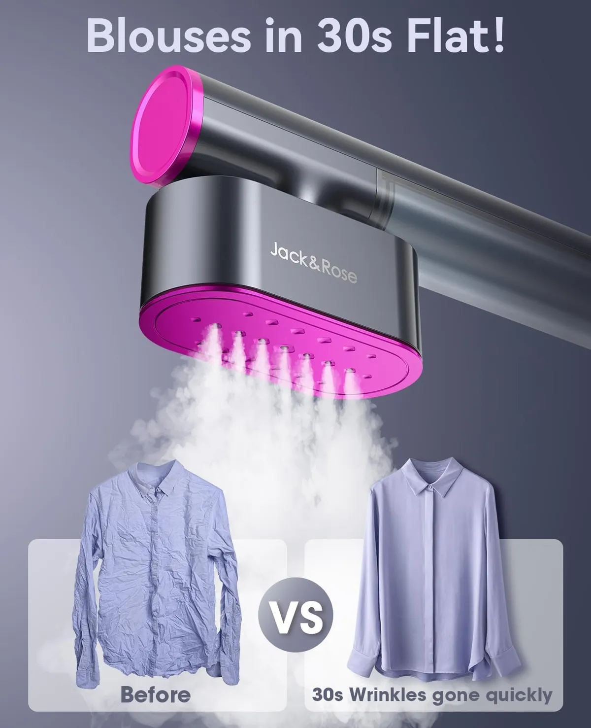 Jack & Rose K1 travel steamer removing wrinkles from a blue blouse in 30 seconds