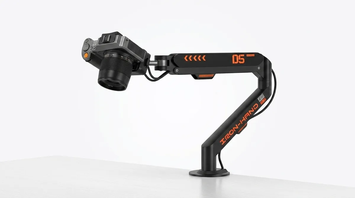 JINRAIKO overhead camera mount with 360° arm holding a camera and lens on a white desk