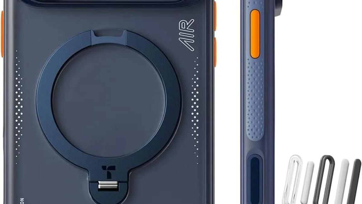 iPhone 17 Pro with magnetic kickstand case in Midnight Blue