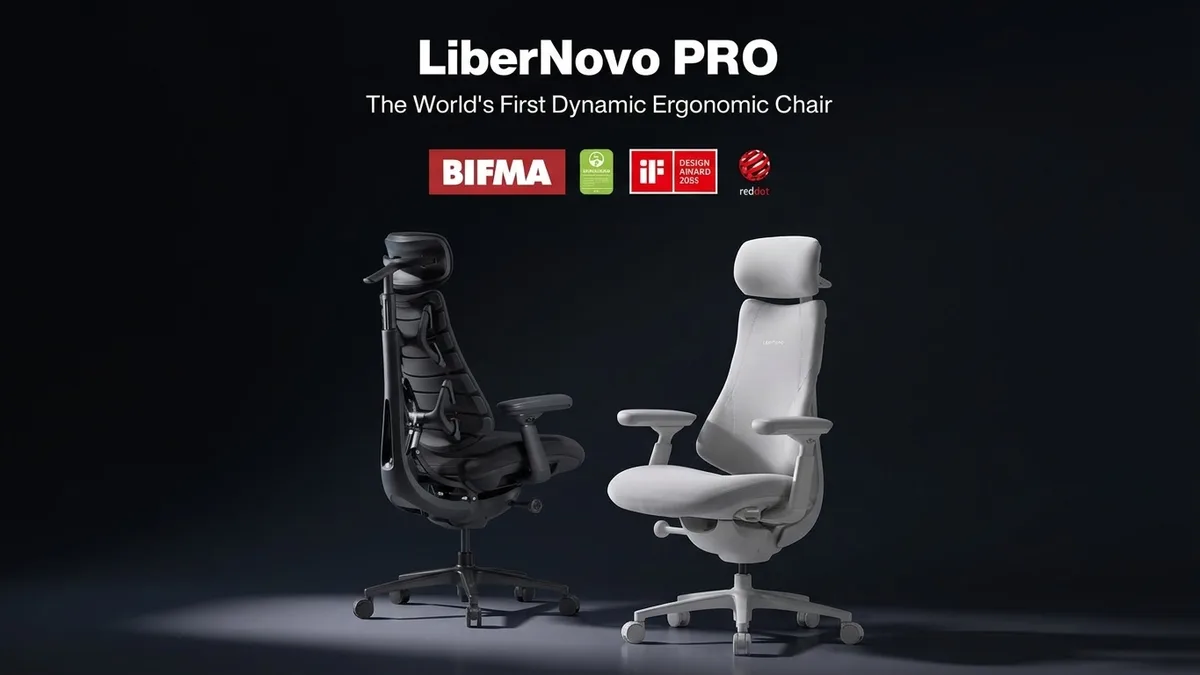 Two LiberNovo Omni Pro ergonomic chairs side by side on a dark background, one graphite and one glacier