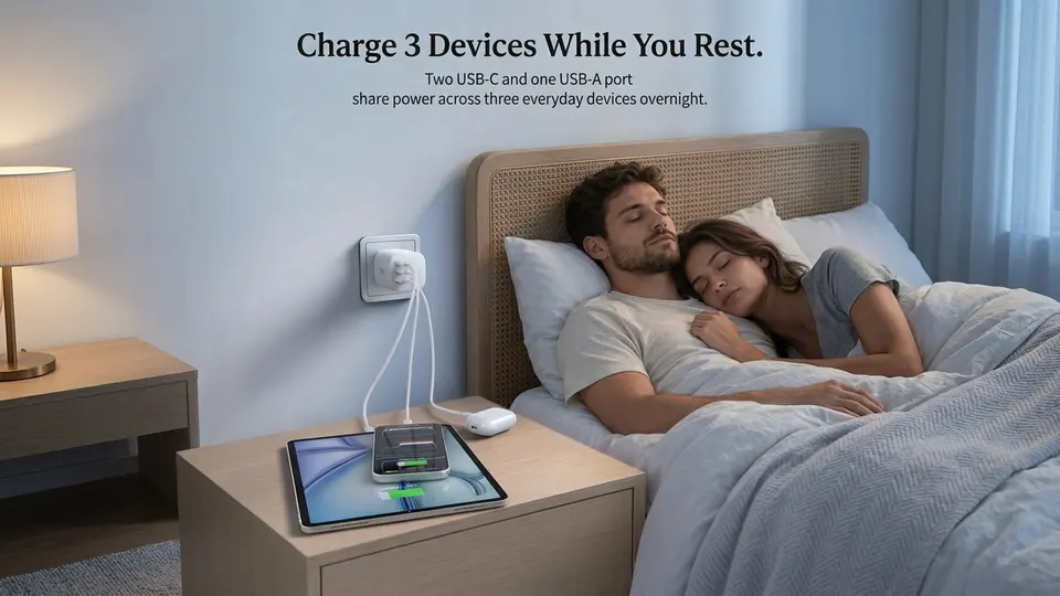 Three devices charging overnight on a bedside table from the Mukiya travel adapter