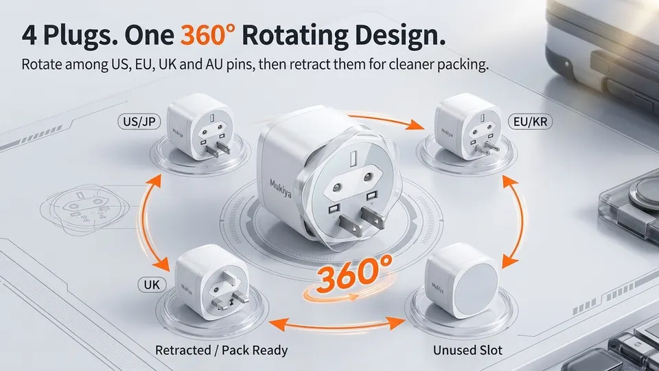 The Mukiya travel adapter’s 360-degree rotating plug mechanism