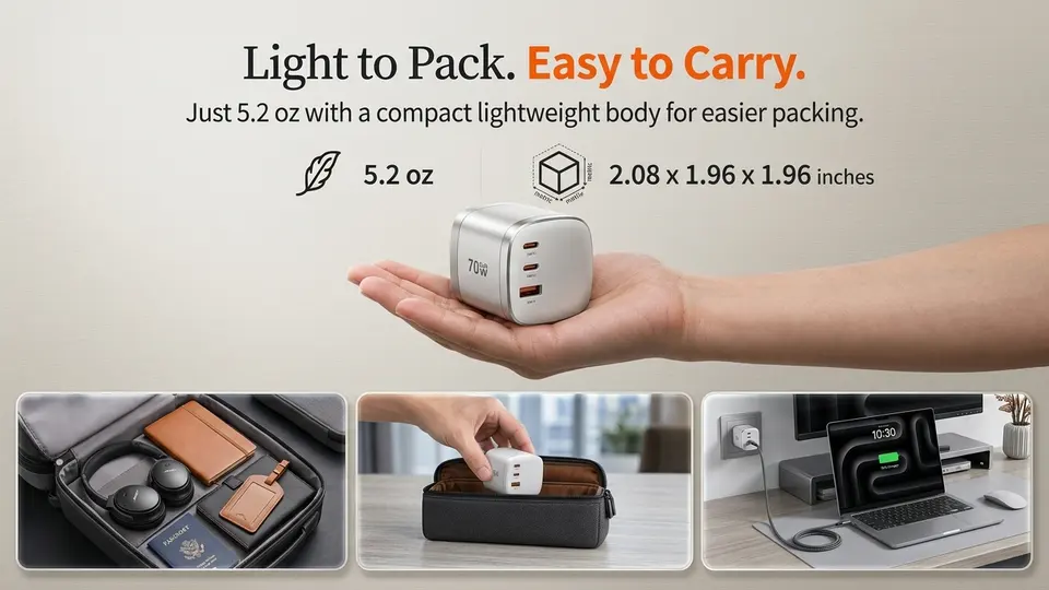 Hand-held Mukiya travel adapter at 5.2oz packed alongside travel essentials