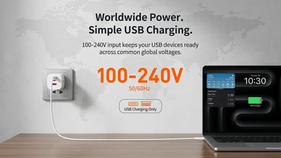 Diagram of the Mukiya travel adapter’s 100-240V worldwide voltage input