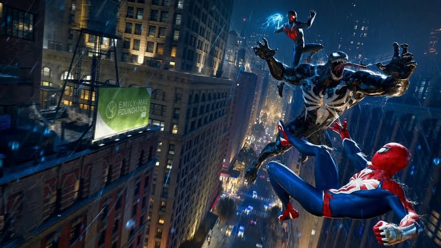 A character in a black Spider-Man suit mid-leap with blue electrical energy above a large black symbiote figure on a rainy city street
