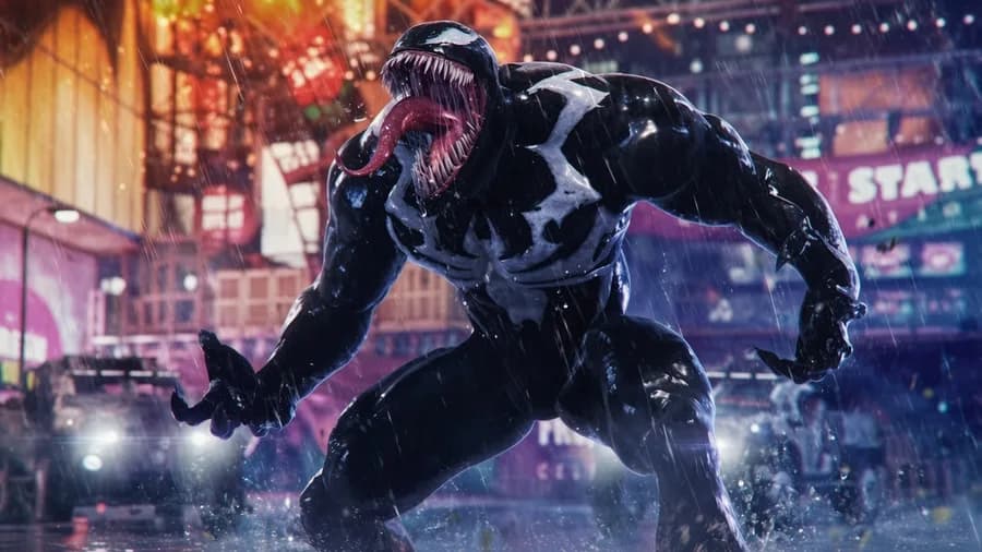 A large black symbiote figure with a long red tongue and a white emblem on its chest in a neon-lit street at night